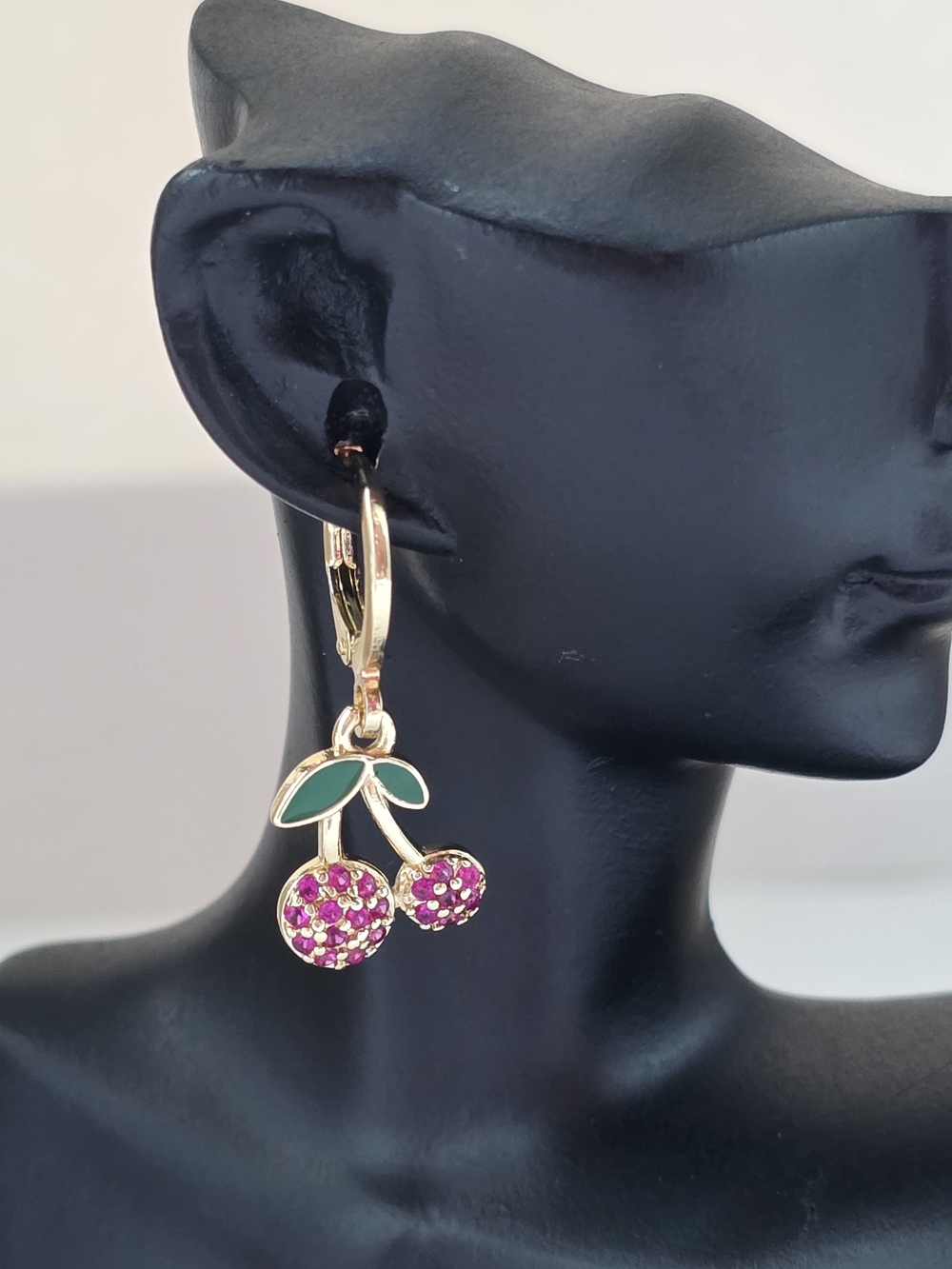 18K Gold Plated Cherry Rhinestone Dangle Huggie Earrings (NWT)